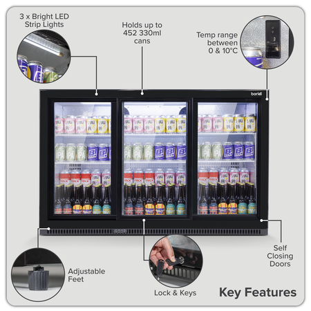 Sealey Baridi Back Bar Drinks Fridge/Cooler with Triple Sliding Door & Security Lock 307L - Black Model No-DH337