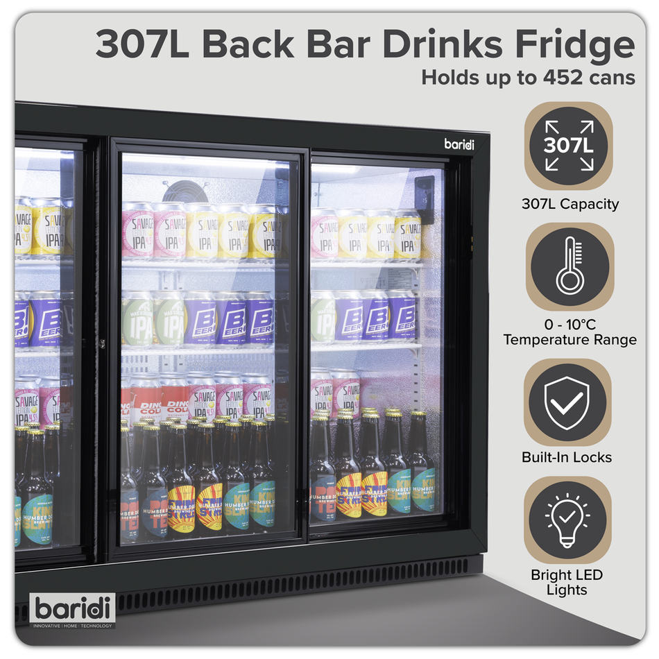 Sealey Baridi Back Bar Drinks Fridge/Cooler with Triple Sliding Door & Security Lock 307L - Black Model No-DH337