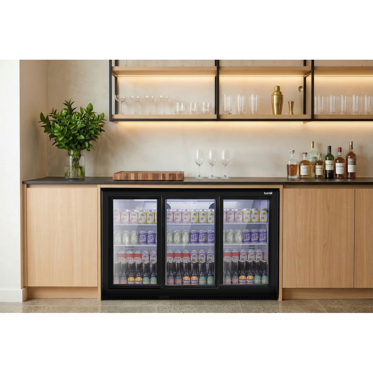 Sealey Baridi Back Bar Drinks Fridge/Cooler with Triple Sliding Door & Security Lock 307L - Black Model No-DH337