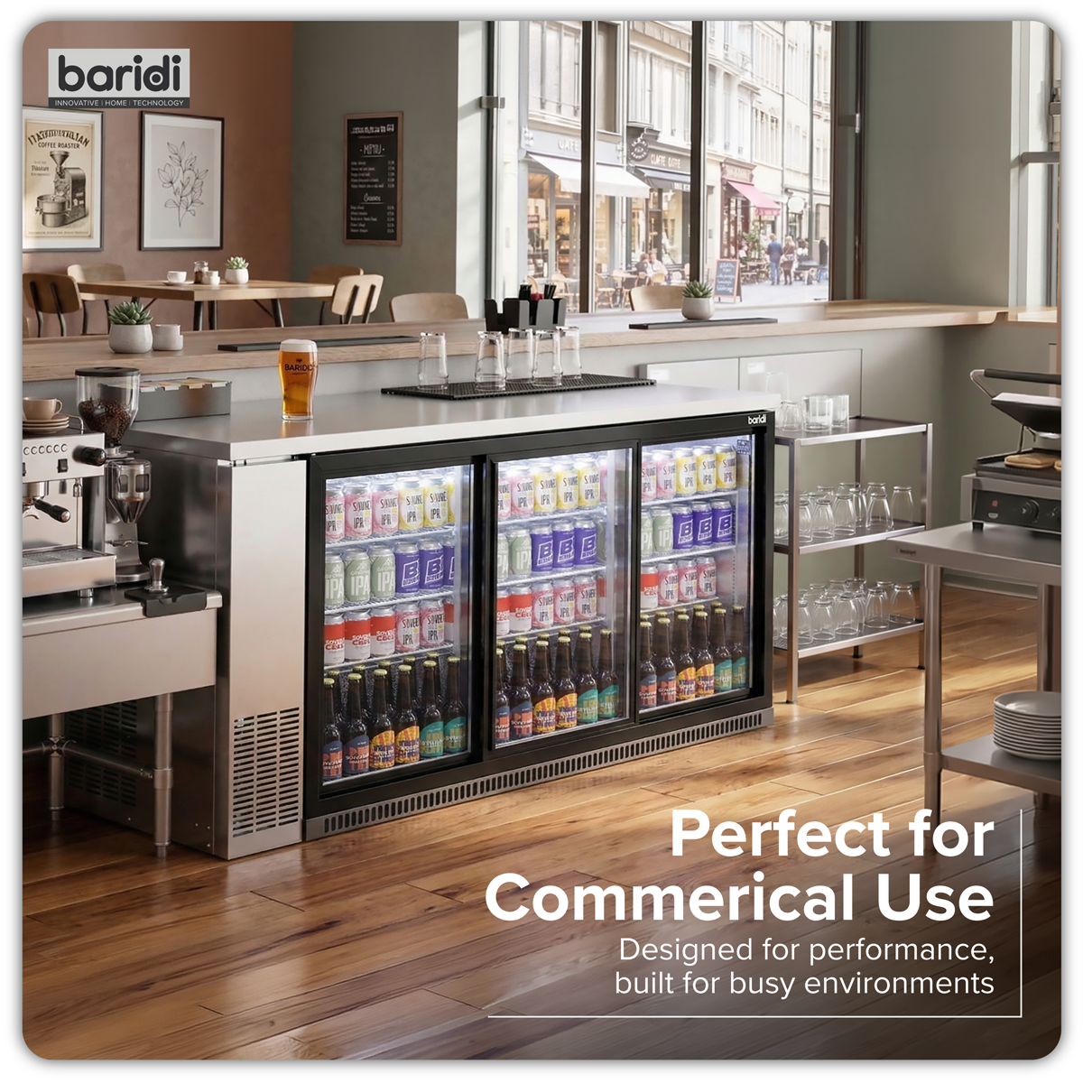 Sealey Baridi Back Bar Drinks Fridge/Cooler with Triple Sliding Door & Security Lock 307L - Black Model No-DH337