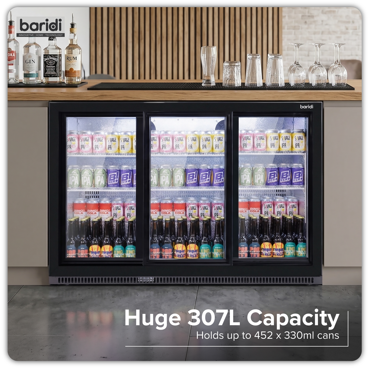 Sealey Baridi Back Bar Drinks Fridge/Cooler with Triple Sliding Door & Security Lock 307L - Black Model No-DH337