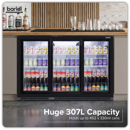 Sealey Baridi Back Bar Drinks Fridge/Cooler with Triple Sliding Door & Security Lock 307L - Black Model No-DH337