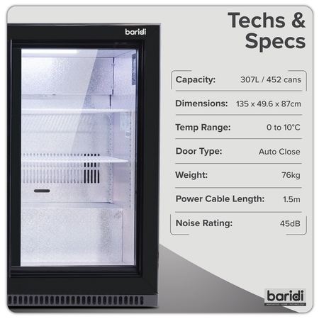 Sealey Baridi Back Bar Drinks Fridge/Cooler with Triple Sliding Door & Security Lock 307L - Black Model No-DH337