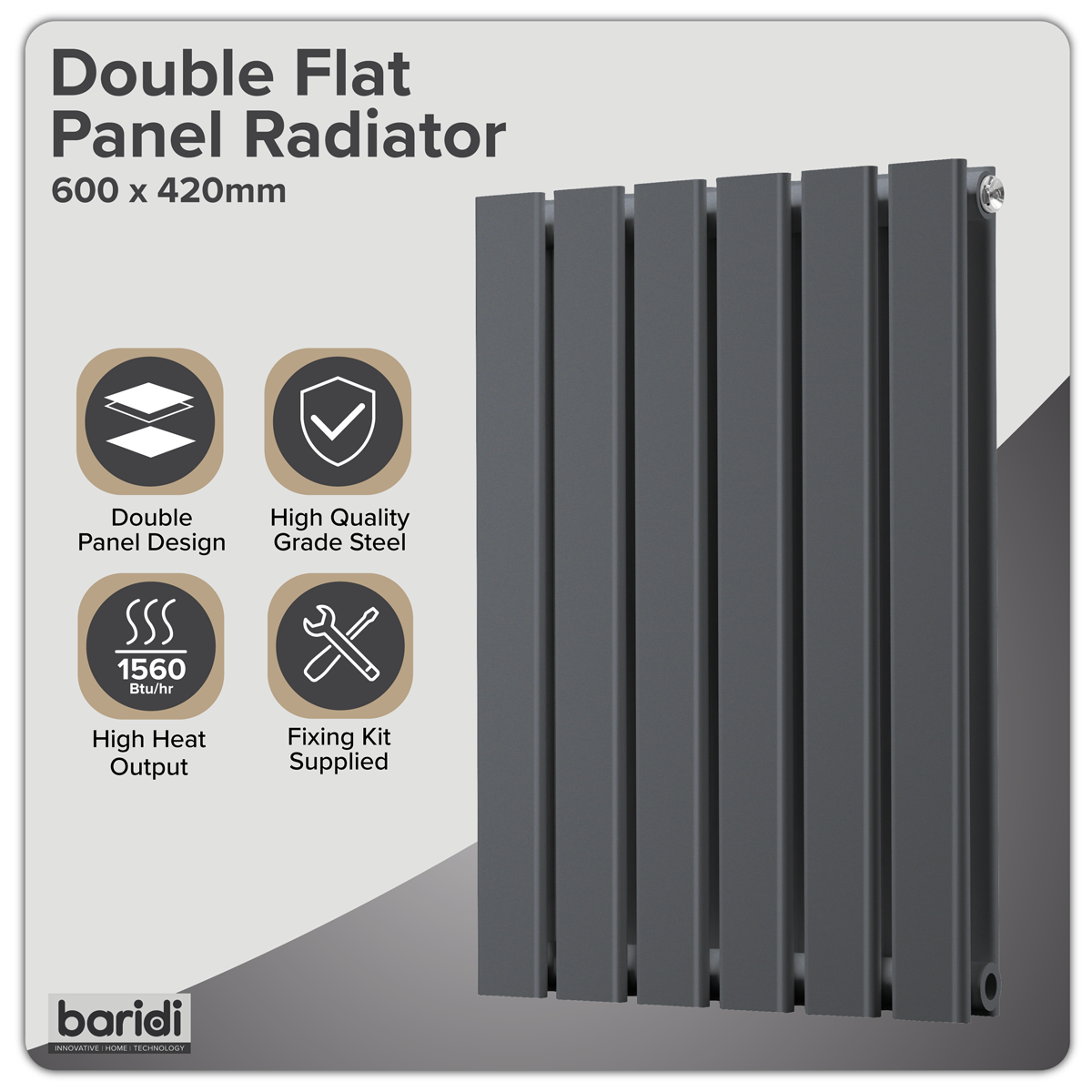 Sealey Baridi Horizontal Radiator Contemporary Double Flat Panel Design 420 x 600mm – Anthracite Model No-DH338