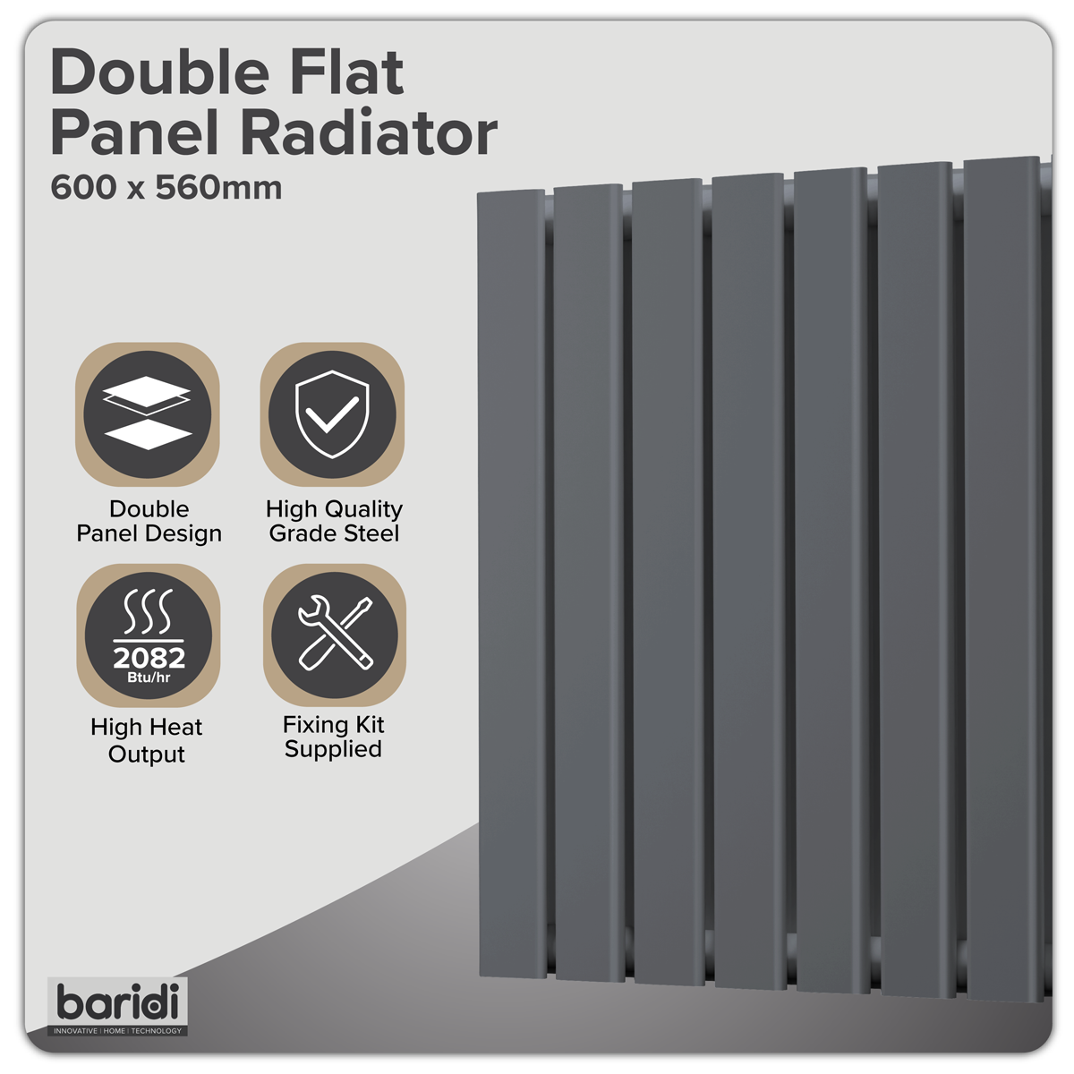Sealey Baridi Horizontal Radiator Contemporary Double Flat Panel Design 600 x 560mm – Anthracite Model No-DH339