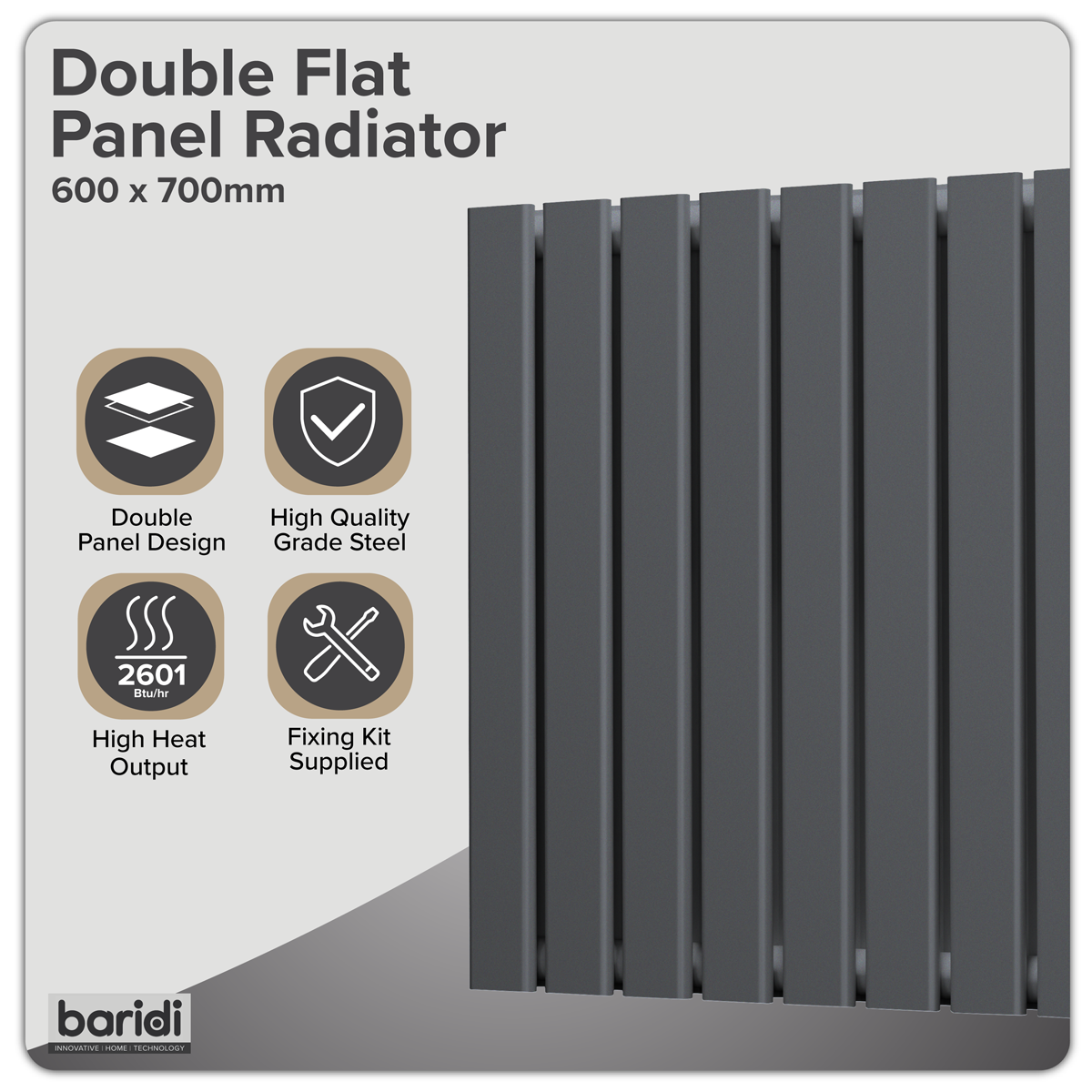 Sealey Baridi Horizontal Radiator Contemporary Double Flat Panel Design 600 x 700mm – Anthracite Model No-DH340