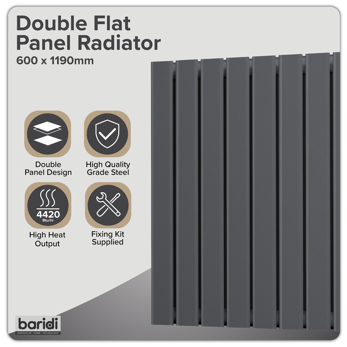 Sealey Baridi Horizontal Radiator Contemporary Double Flat Panel Design 600 x 1190mm – Anthracite Model No-DH342