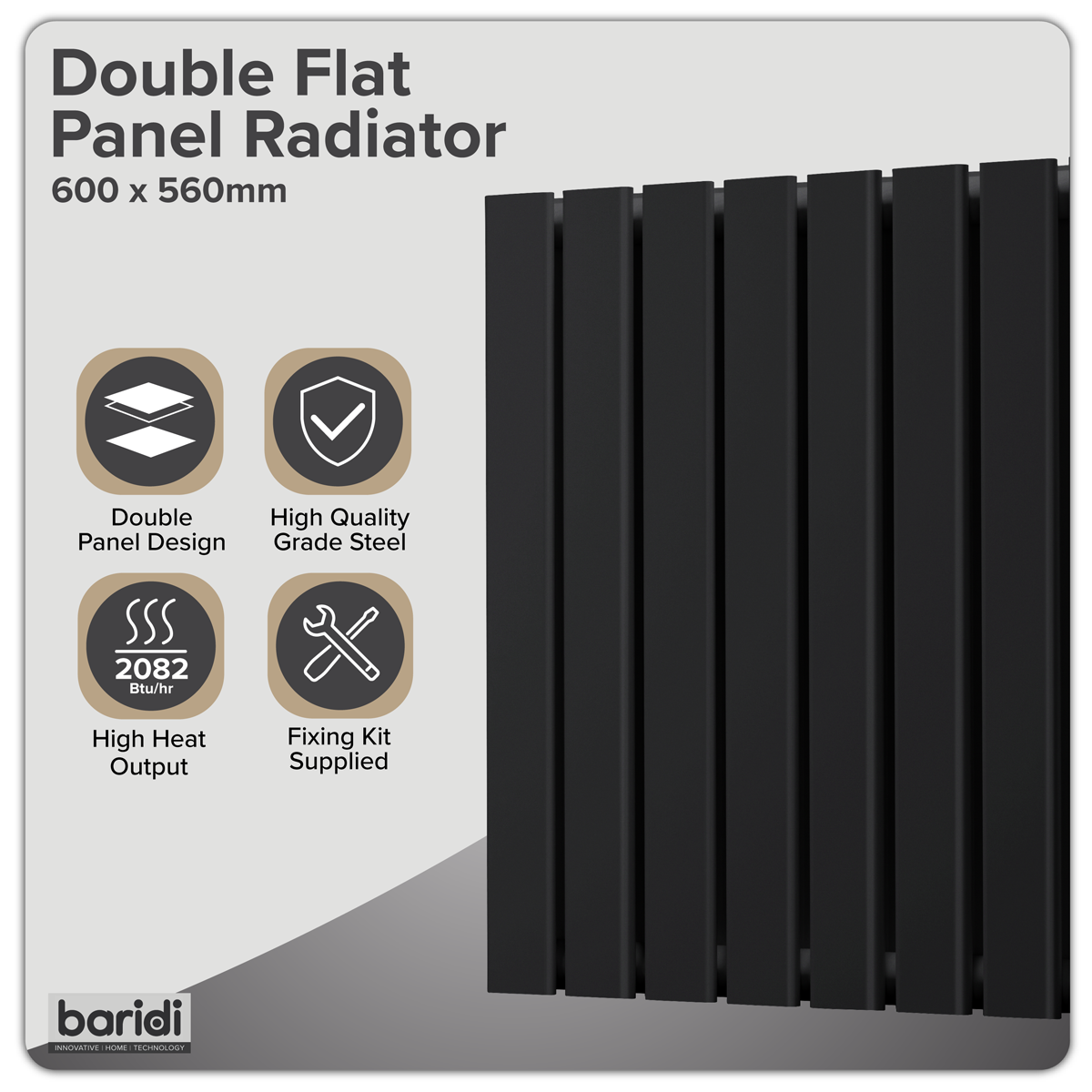 Sealey Baridi Horizontal Radiator Contemporary Double Flat Panel Design 600 x 560mm – Black Model No-DH344