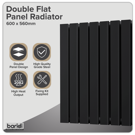 Sealey Baridi Horizontal Radiator Contemporary Double Flat Panel Design 600 x 560mm – Black Model No-DH344
