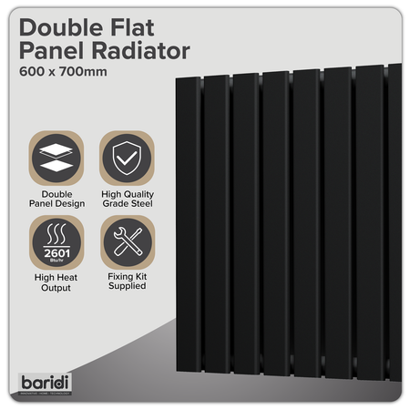 Sealey Baridi Horizontal Radiator Contemporary Double Flat Panel Design 600 x 700mm – Black Model No-DH345