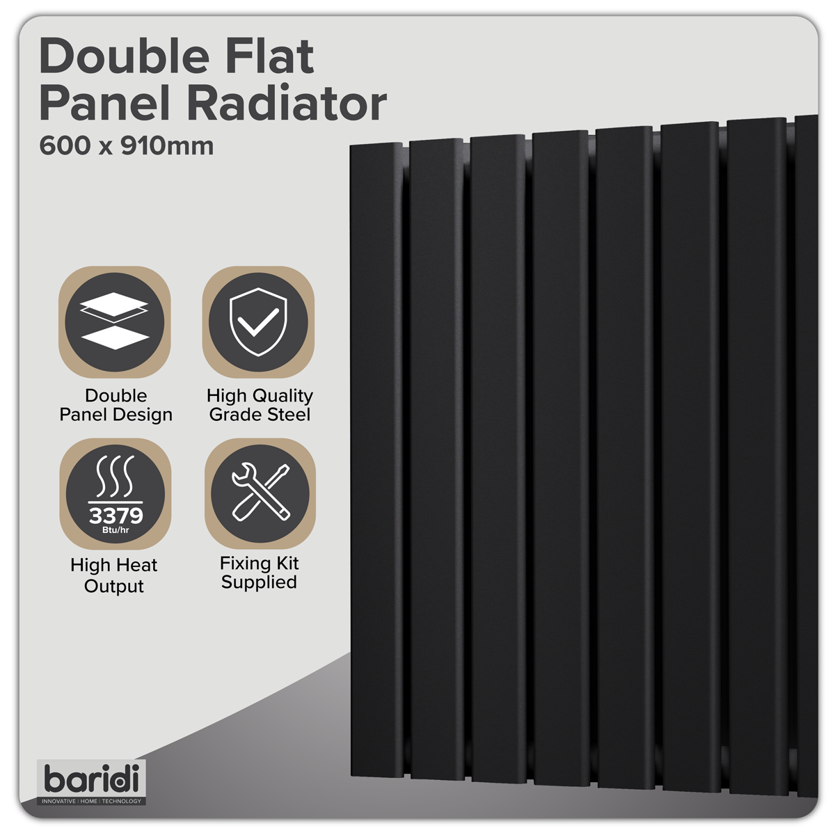 Sealey Baridi Horizontal Radiator Contemporary Double Flat Panel Design 600 x 910mm – Black Model No-DH346