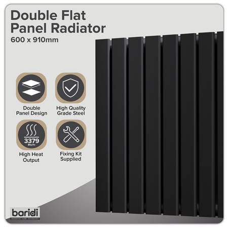 Sealey Baridi Horizontal Radiator Contemporary Double Flat Panel Design 600 x 910mm – Black Model No-DH346