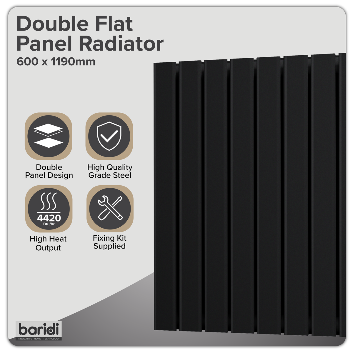 Sealey Baridi Horizontal Radiator Contemporary Double Flat Panel Design 600 x 1190mm – Black Model No-DH347