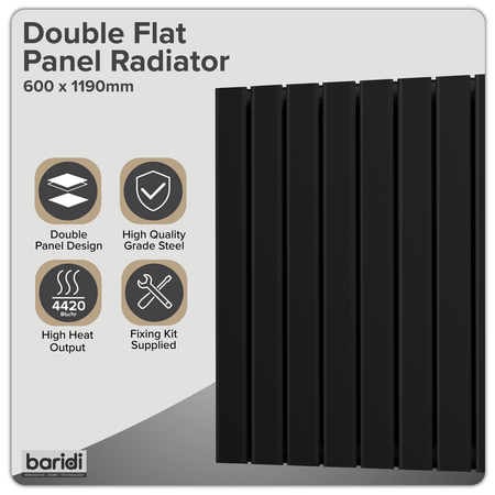 Sealey Baridi Horizontal Radiator Contemporary Double Flat Panel Design 600 x 1190mm – Black Model No-DH347