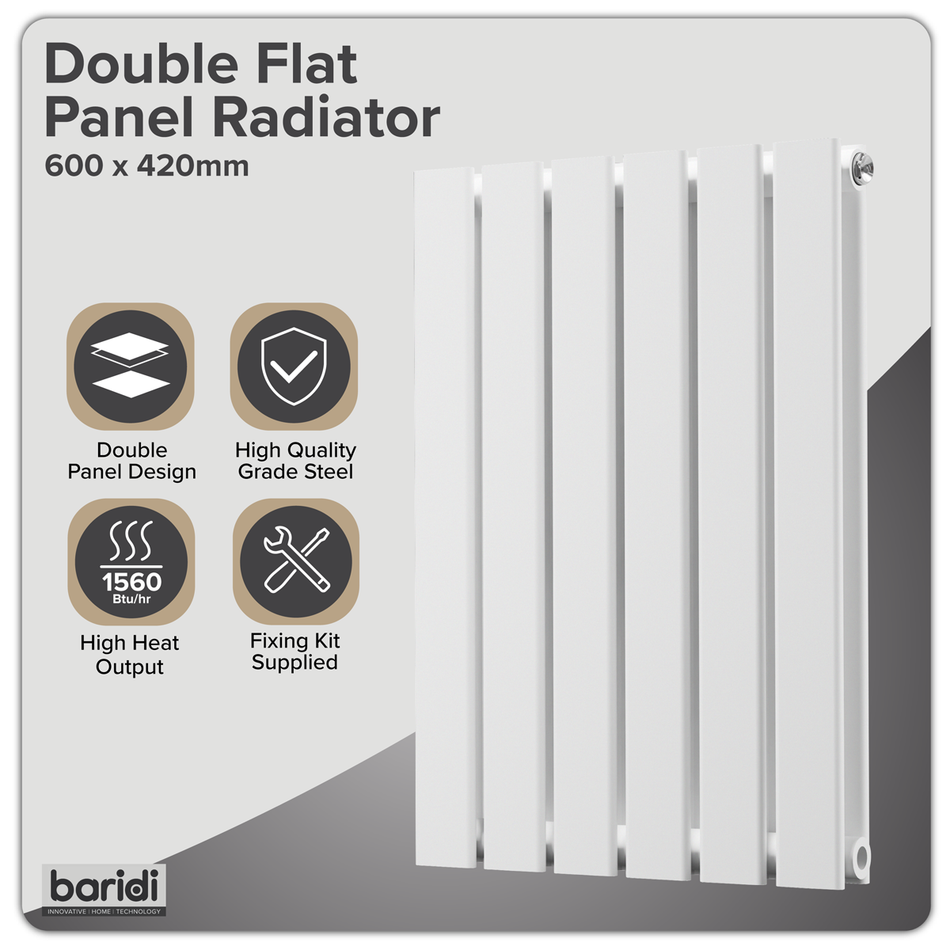 Sealey Baridi Horizontal Radiator Contemporary Double Flat Panel Design 600 x 420mm – White Model No-DH348