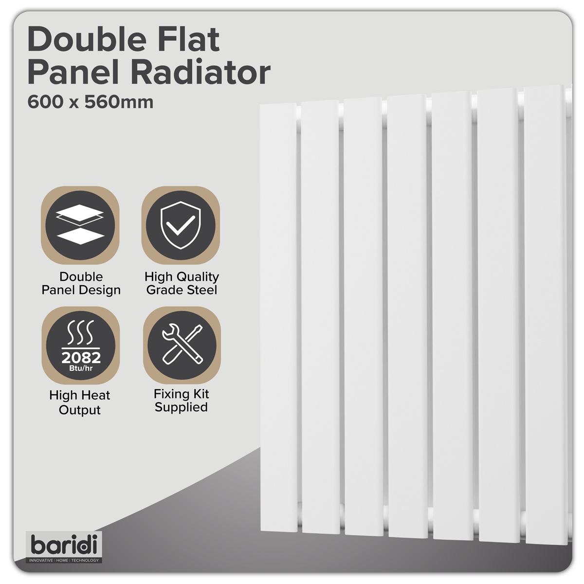 Sealey Baridi Horizontal Radiator Contemporary Double Flat Panel Design 600 x 560mm – White Model No-DH349
