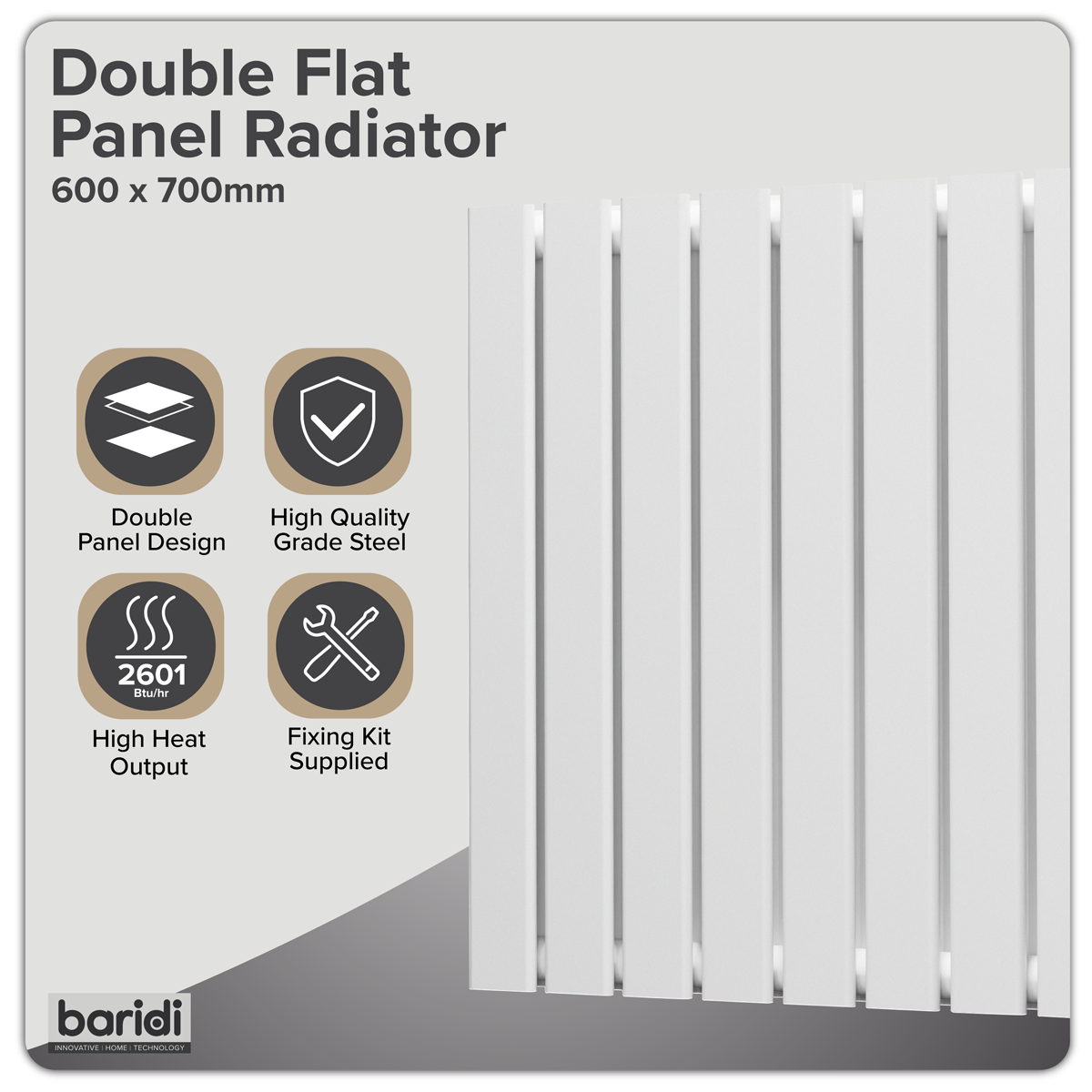 Sealey Baridi Horizontal Radiator Contemporary Double Flat Panel Design 600 x 700mm - White Model No-DH350