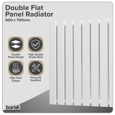 Sealey Baridi Horizontal Radiator Contemporary Double Flat Panel Design 600 x 700mm - White Model No-DH350