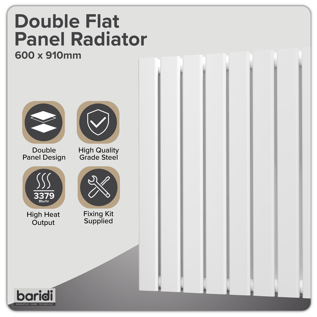 Sealey Baridi Horizontal Radiator Contemporary Double Flat Panel Design 600 x 910mm – White Model No-DH351