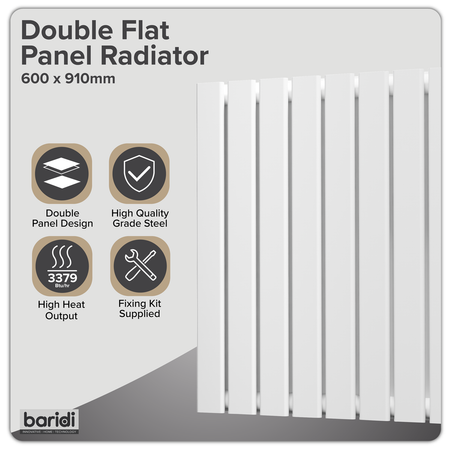 Sealey Baridi Horizontal Radiator Contemporary Double Flat Panel Design 600 x 910mm – White Model No-DH351
