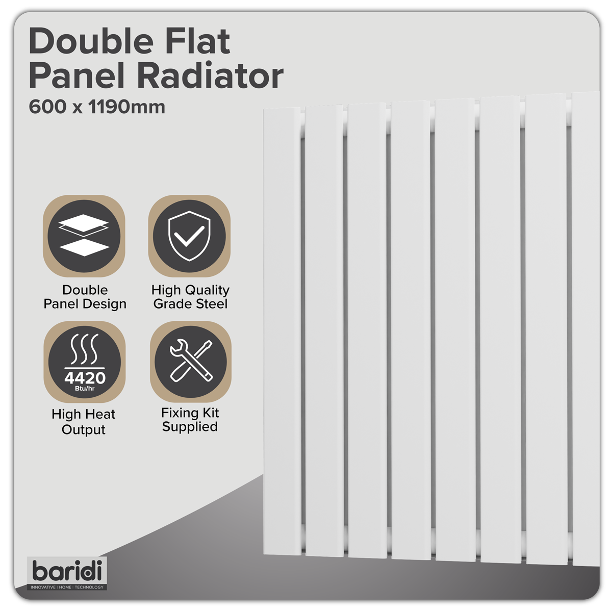 Sealey Baridi Horizontal Radiator Contemporary Double Flat Panel Design 600 x 1190mm – White Model No-DH352
