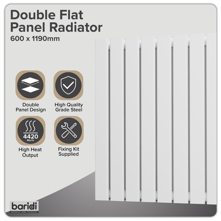 Sealey Baridi Horizontal Radiator Contemporary Double Flat Panel Design 600 x 1190mm – White Model No-DH352