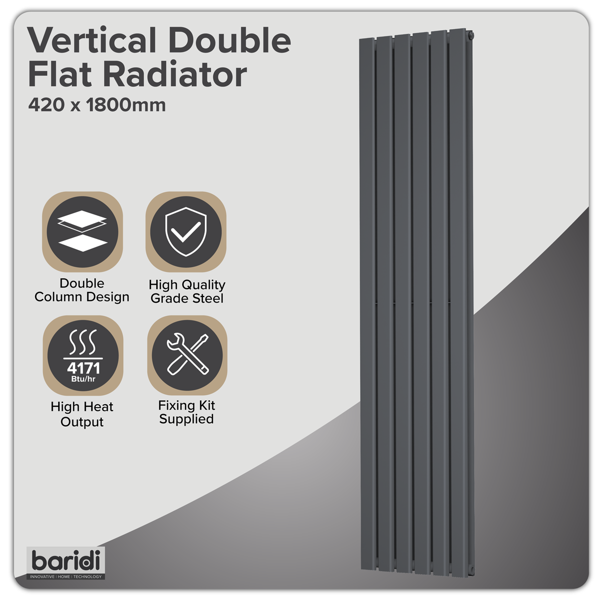 Sealey Baridi Vertical Radiator Contemporary Double Flat Panel Design 420 x 1800mm – Anthracite Model No-DH353