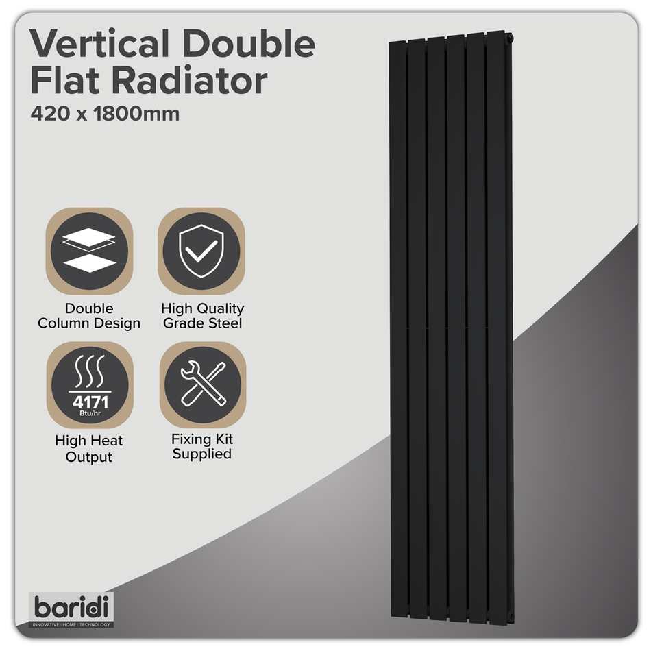 Sealey Baridi Vertical Radiator Contemporary Double Flat Panel Design 420 x 1800mm – Black Model No-DH354