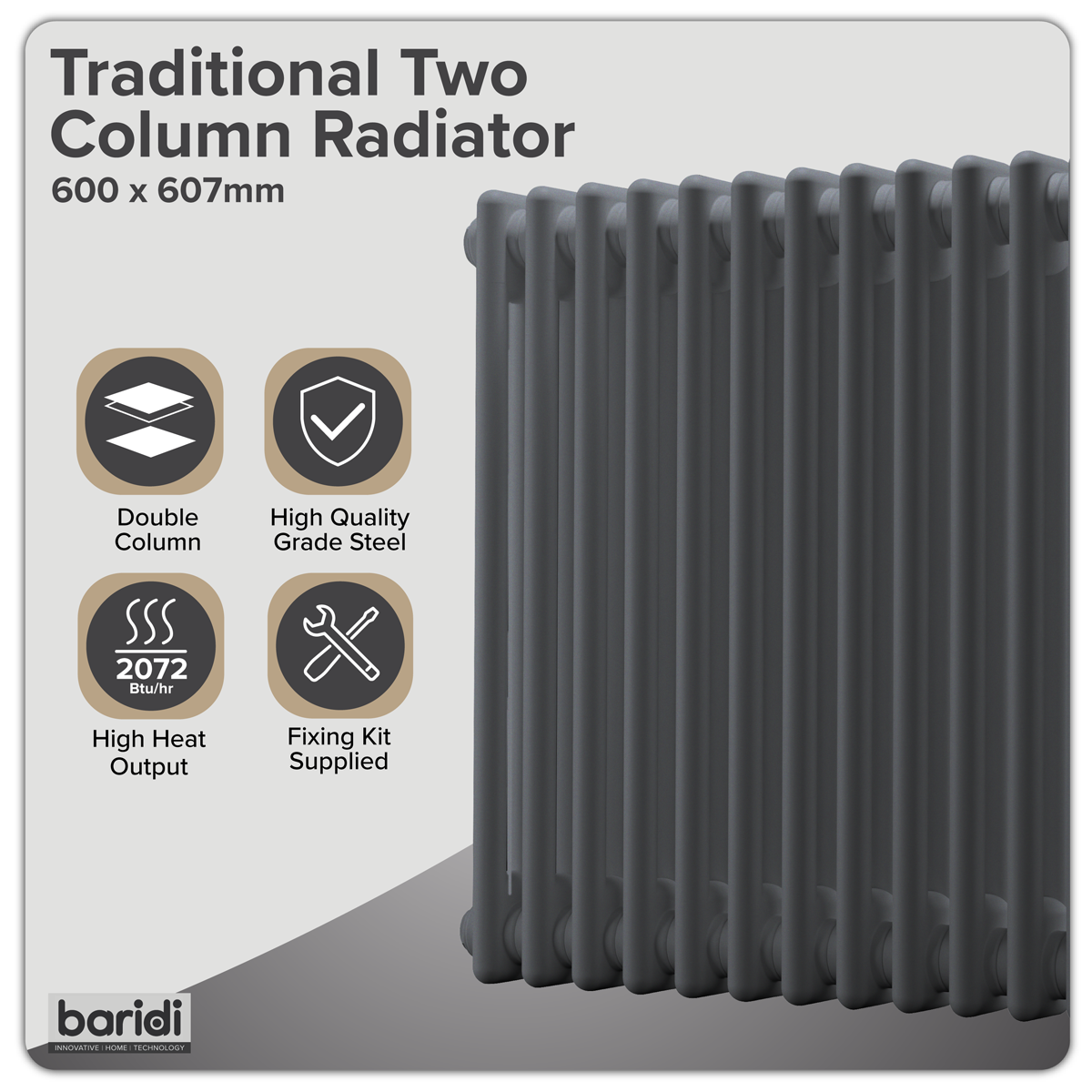 Sealey Baridi Horizontal Traditional 2 Column Radiator 600 x 607mm – Anthracite Model No-DH357