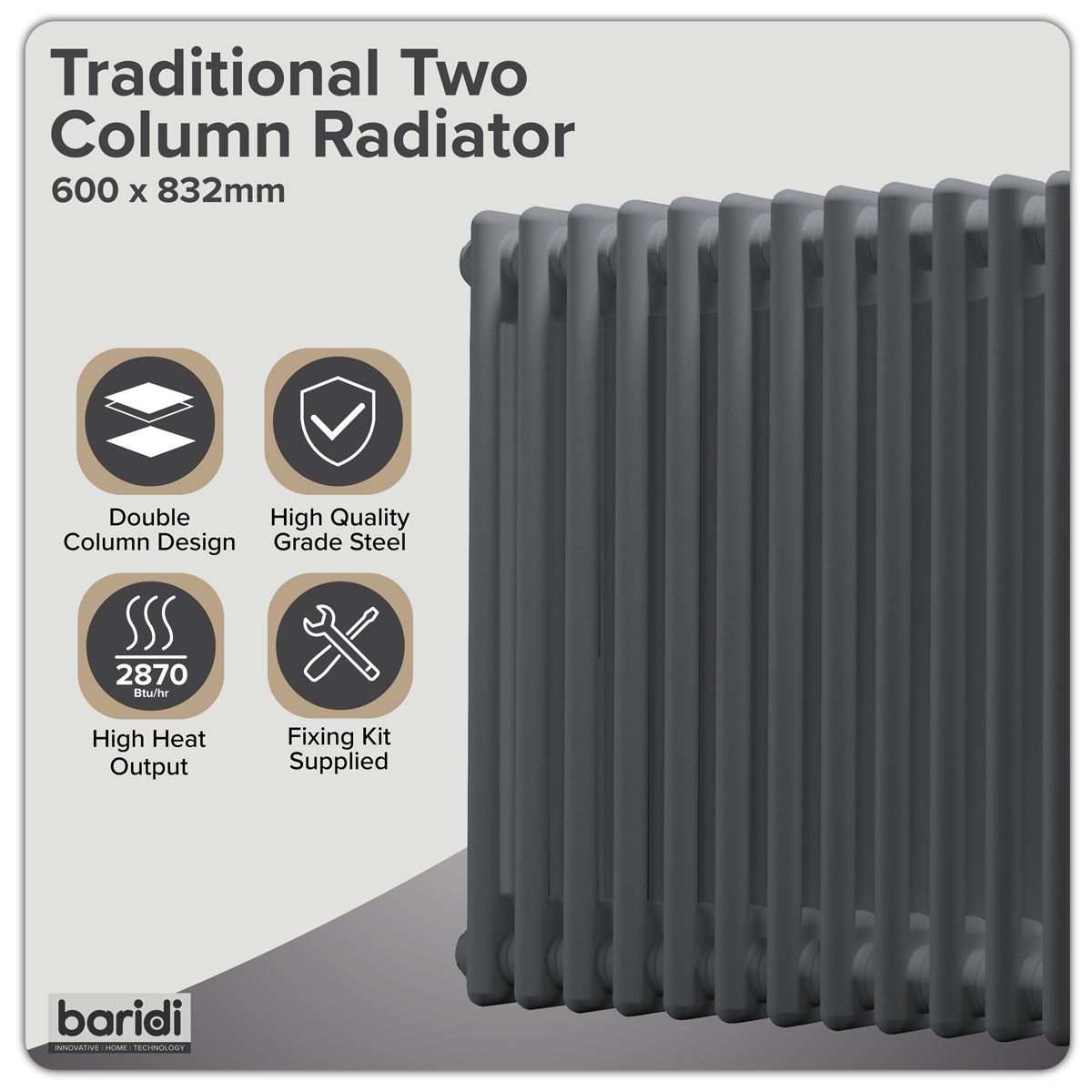 Sealey Baridi Horizontal Traditional 2 Column Radiator 600 x 832mm – Anthracite Model No-DH358