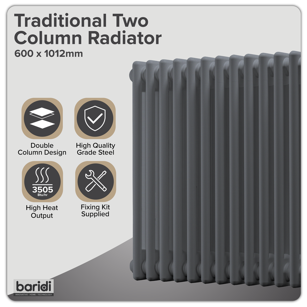 Sealey Baridi Horizontal Traditional 2 Column Radiator 600 x 1012mm – Anthracite Model No-DH359