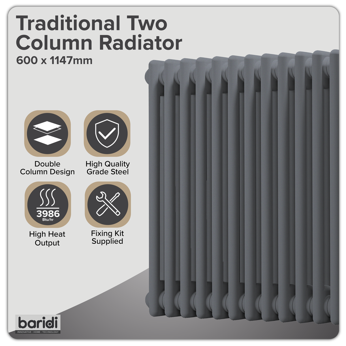 Sealey Baridi Horizontal Traditional 2 Column Radiator 600 x 1147mm – Anthracite Model No-DH360