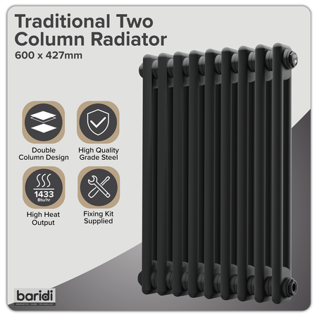 Sealey Baridi Horizontal Traditional 2 Column Radiator 600 x 427mm – Black Model No-DH361