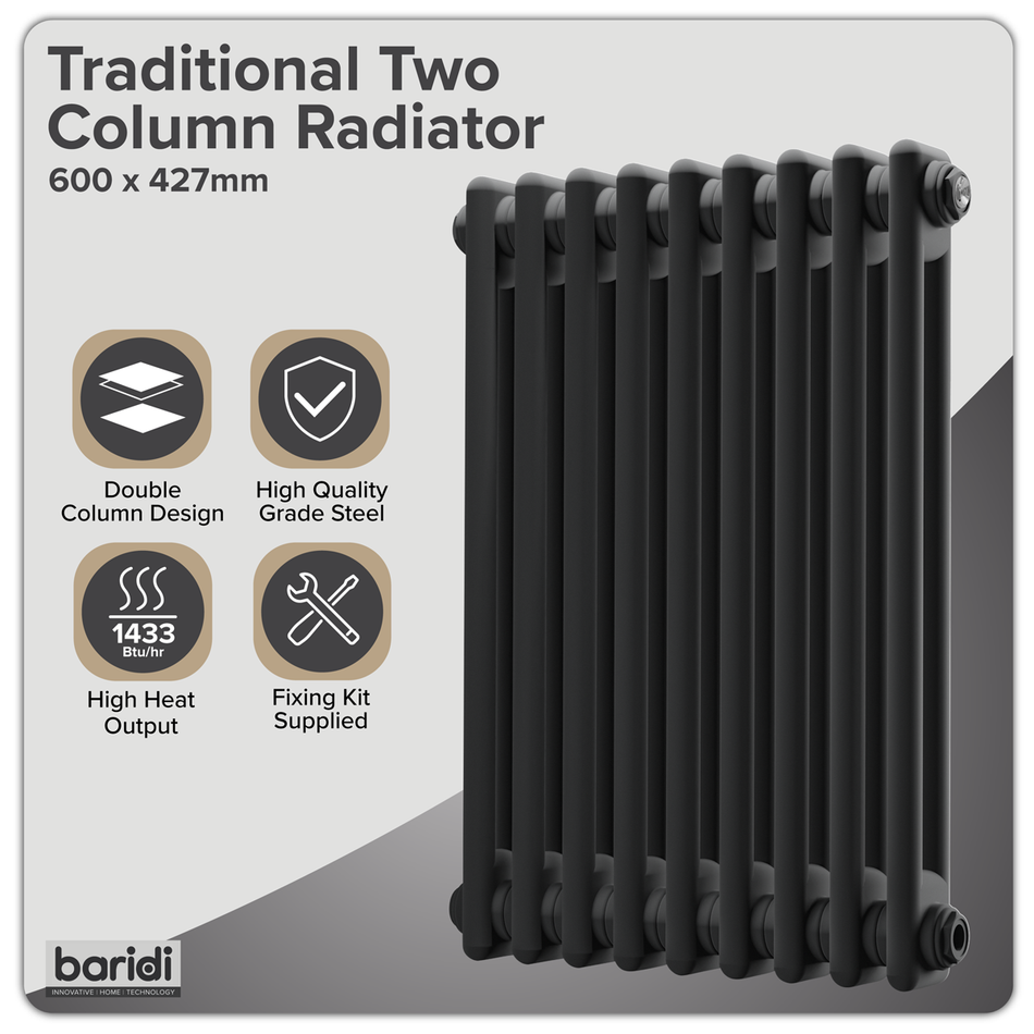 Sealey Baridi Horizontal Traditional 2 Column Radiator 600 x 427mm – Black Model No-DH361
