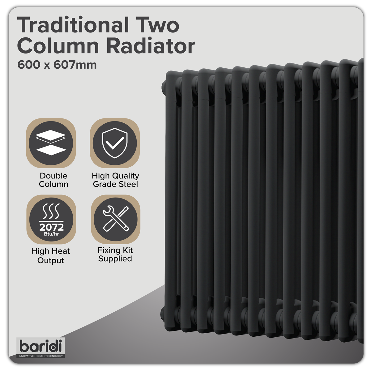 Sealey Baridi Horizontal Traditional 2 Column Radiator 600 x 607mm – Black Model No-DH362
