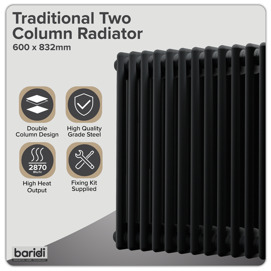 Sealey Baridi Horizontal Traditional 2 Column Radiator 600 x 832mm – Black Model No-DH363