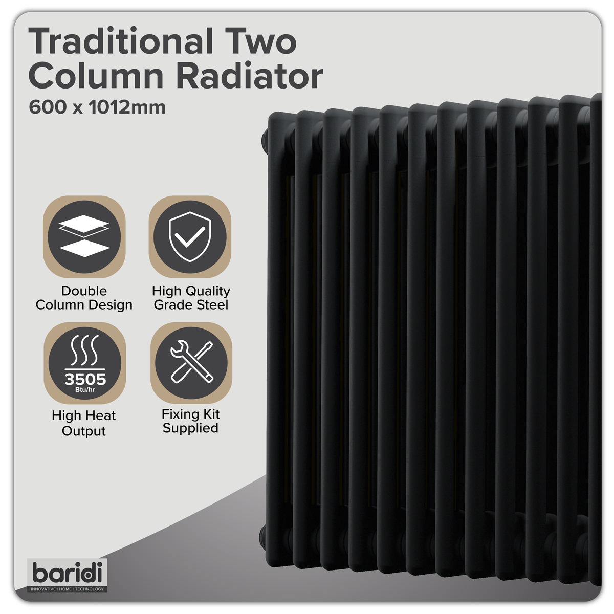 Sealey Baridi Horizontal Traditional 2 Column Radiator 600 x 1012mm – Black Model No-DH364