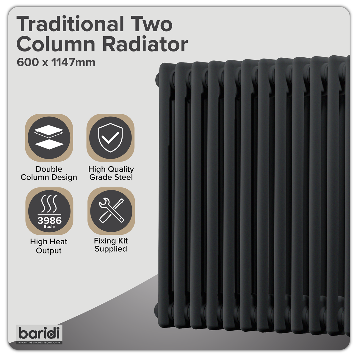 Sealey Baridi Horizontal Traditional 2 Column Radiator 600 x 1147mm – Black Model No-DH365