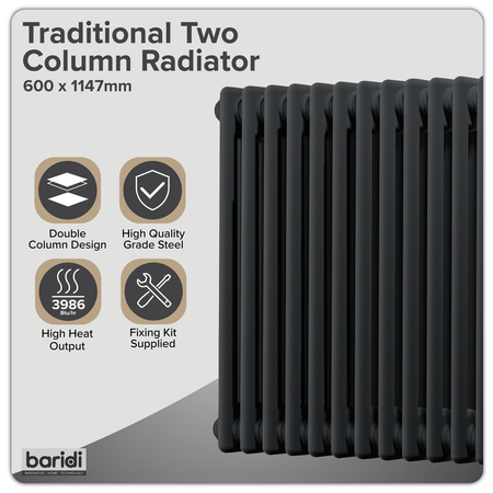 Sealey Baridi Horizontal Traditional 2 Column Radiator 600 x 1147mm – Black Model No-DH365