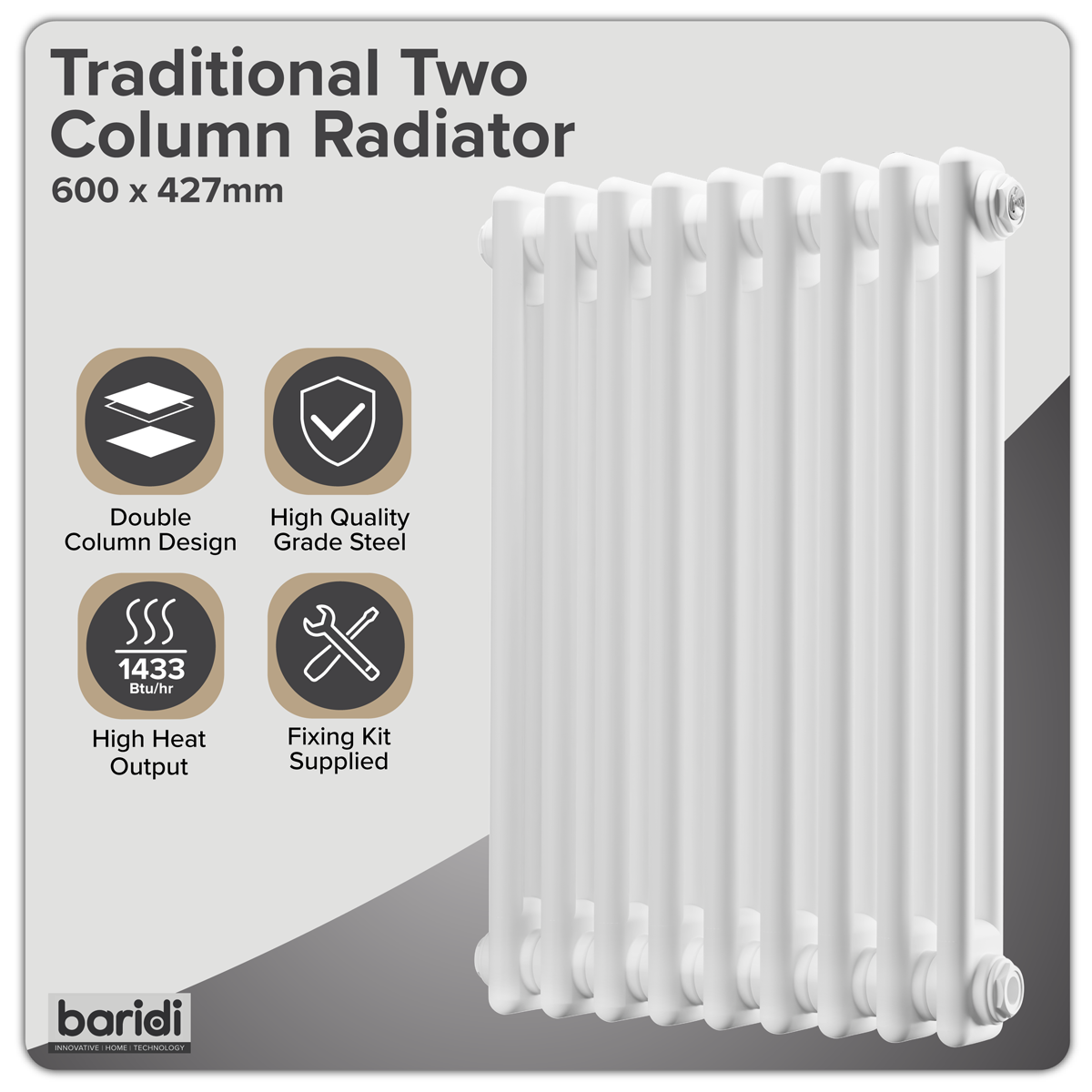 Sealey Baridi Horizontal Traditional 2 Column Radiator 600 x 427mm – White Model No-DH366