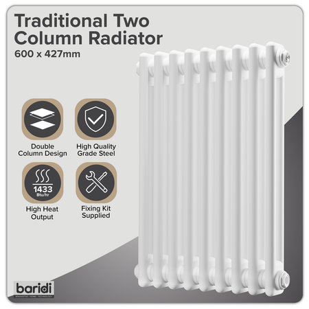 Sealey Baridi Horizontal Traditional 2 Column Radiator 600 x 427mm – White Model No-DH366