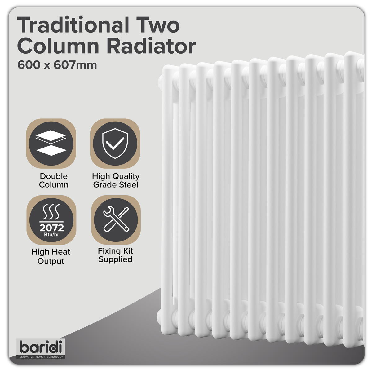 Sealey Baridi Horizontal Traditional 2 Column Radiator 600 x 607mm – White Model No-DH367