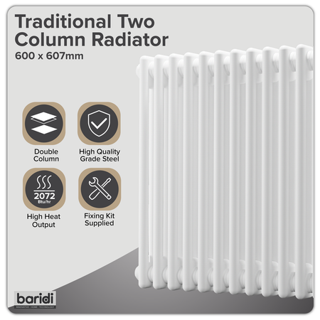 Sealey Baridi Horizontal Traditional 2 Column Radiator 600 x 607mm – White Model No-DH367