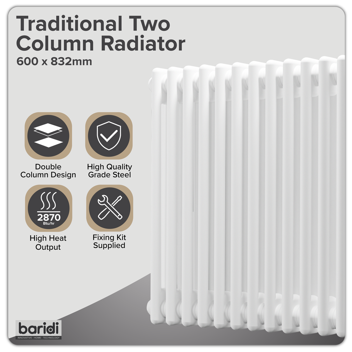 Sealey Baridi Horizontal Traditional 2 Column Radiator 600 x 832mm – White Model No-DH368