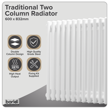 Sealey Baridi Horizontal Traditional 2 Column Radiator 600 x 832mm – White Model No-DH368