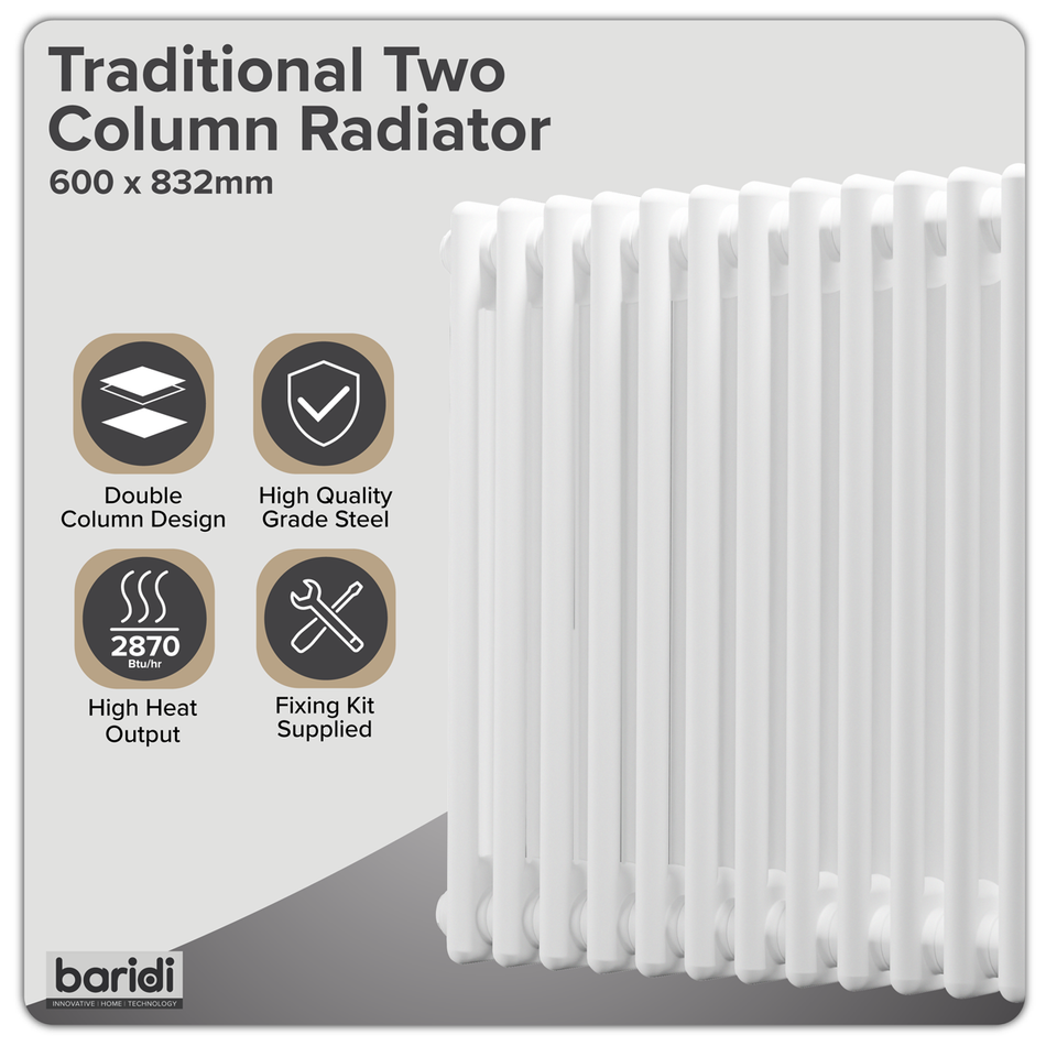 Sealey Baridi Horizontal Traditional 2 Column Radiator 600 x 832mm – White Model No-DH368
