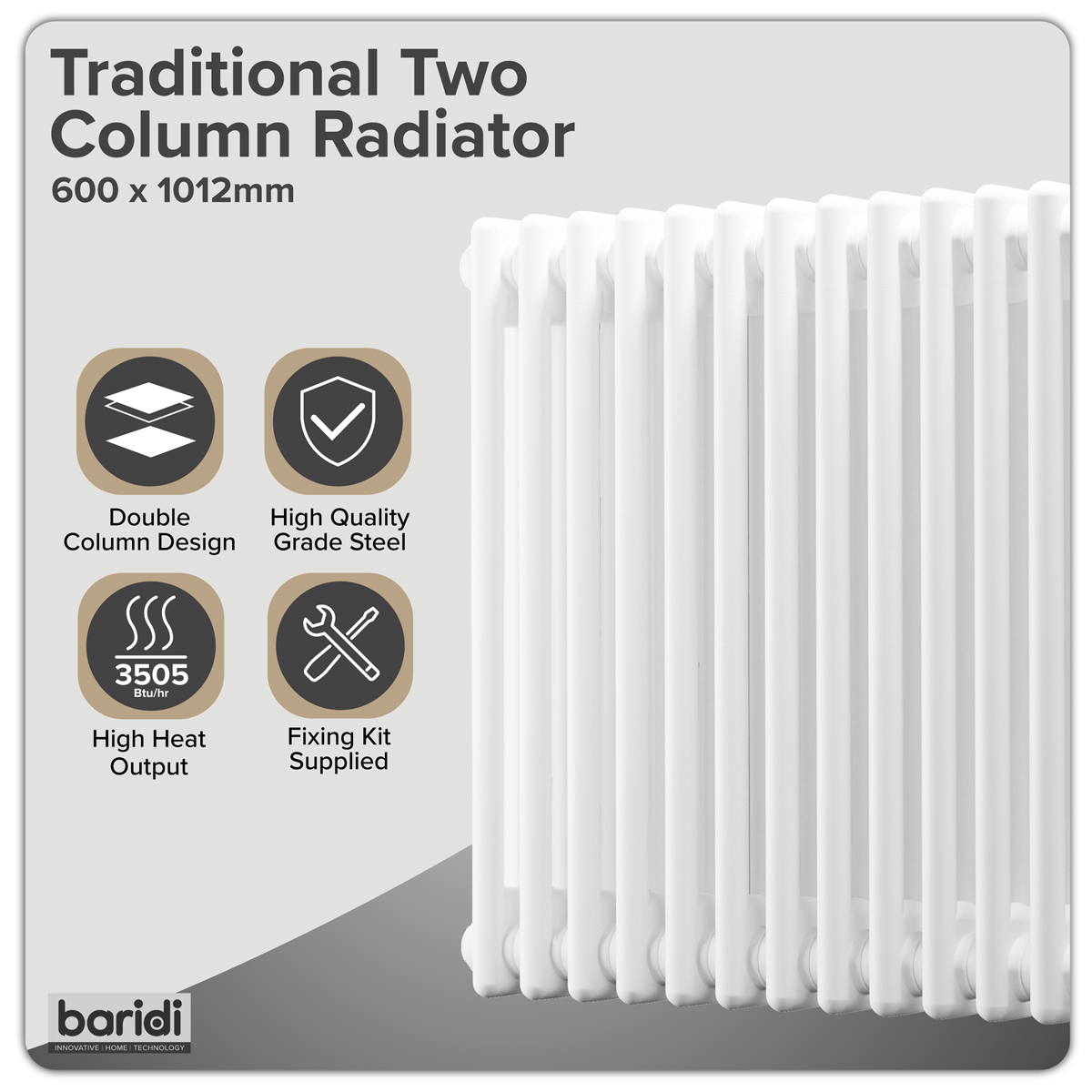 Sealey Baridi Horizontal Traditional 2 Column Radiator 600 x 1012mm – White Model No-DH369