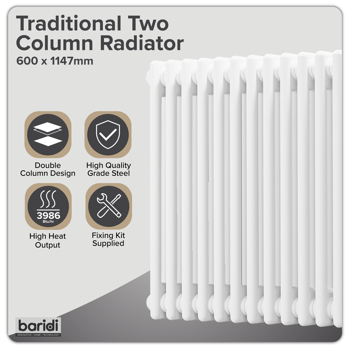 Sealey Baridi Horizontal Traditional 2 Column Radiator 600 x 1147mm – White Model No-DH370