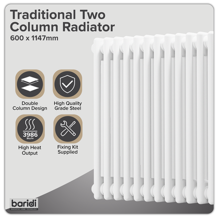 Sealey Baridi Horizontal Traditional 2 Column Radiator 600 x 1147mm – White Model No-DH370