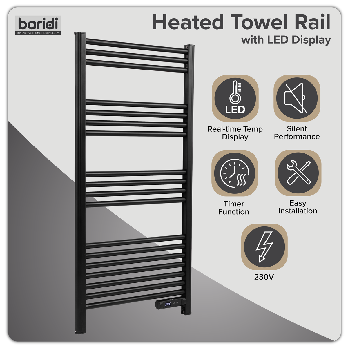 Sealey Baridi Electric Heated Towel Rail 1085 x 535mm with LED Display – Black Model No-DH371